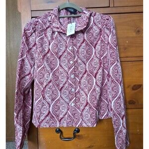 NWT Cider Blouse Size Large Red Cream Long Sleeved Ruffle Collar Button Up